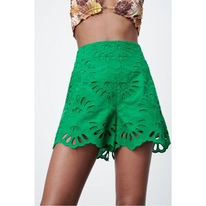 Zara green embroidered eyelet shorts size small